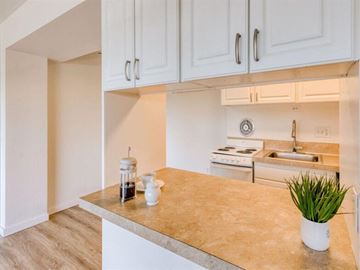 Portland apartment for rent - A kitchen with a countertop and cabinets above it.