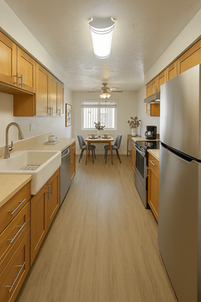 Keizer apartment for rent - A kitchen with wooden cabinets and a refrigerator.