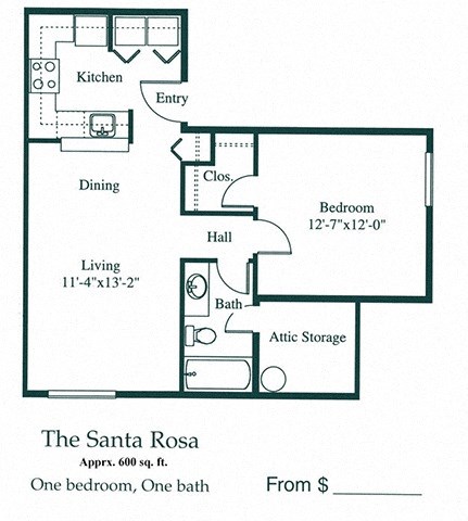 Floor plan for 1 bed, 1 bath, 600 sqft