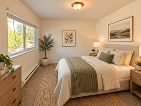 Beaverton apartment for rent - A bedroom with a bed, nightstand, and a plant.