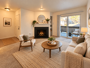 Beaverton apartment for rent - A cozy living room with a fireplace and comfortable seating.