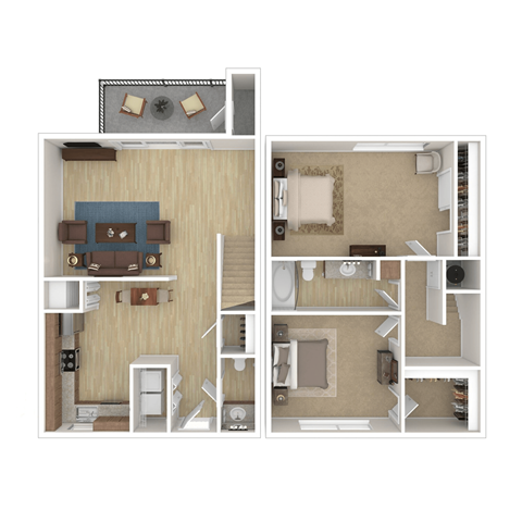 Floor plan for 2 beds, 1.5 baths, 980 sqft
