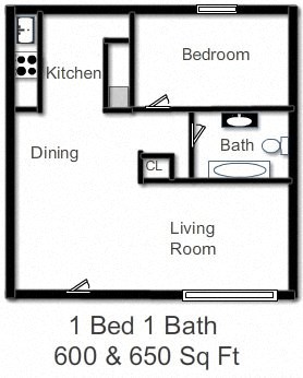 Floor plan for 1 bed, 1 bath, 650 sqft