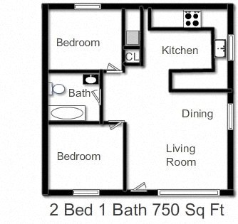 Floor plan for 2 beds, 1 bath, 750 sqft