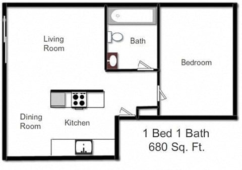 Floor plan for 1 bed, 1 bath, 680 sqft