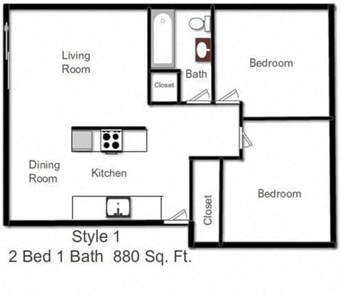 Floor plan for 2 beds, 1 bath, 880 sqft