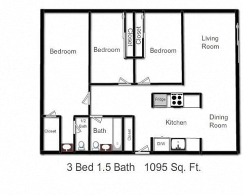 Floor plan for 3 beds, 1.5 baths, 1100 sqft