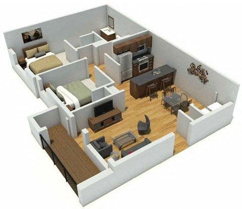 Floor plan for 2 beds, 2 baths, 886 sqft