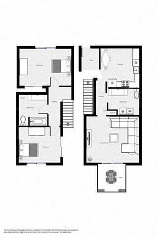 Floor plan for 2 beds, 1.5 baths, 1024 sqft