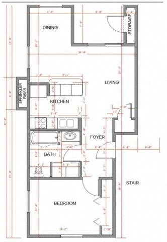 Floor plan for 1 bed, 1 bath, 700 sqft