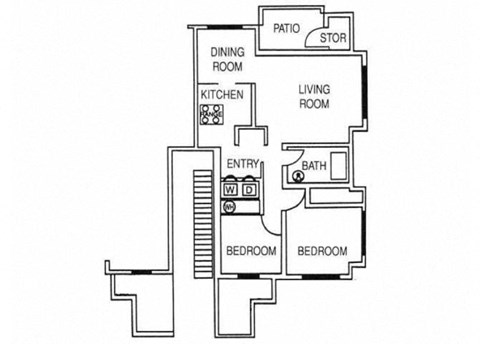 Floor plan for 2 beds, 1 bath, 829 sqft