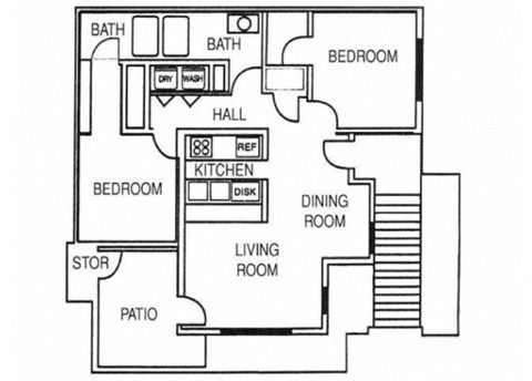Floor plan for 2 beds, 2 baths, 817 sqft