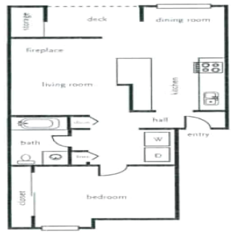 Floor plan for 1 bed, 1 bath, 726 sqft
