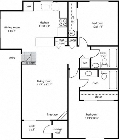 Floor plan for 2 beds, 2 baths, 924 sqft