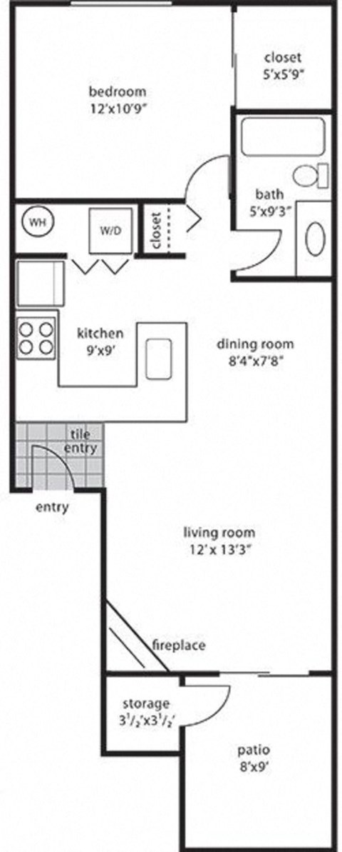 Floor plan for 1 bed, 1 bath, 634 sqft