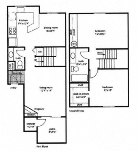 Floor plan for 2 beds, 1.5 baths, 994 sqft