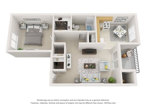 Floor plan for 1 bed, 1 bath, 657 sqft