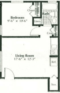 Floor plan for 1 bed, 1 bath, 700 sqft