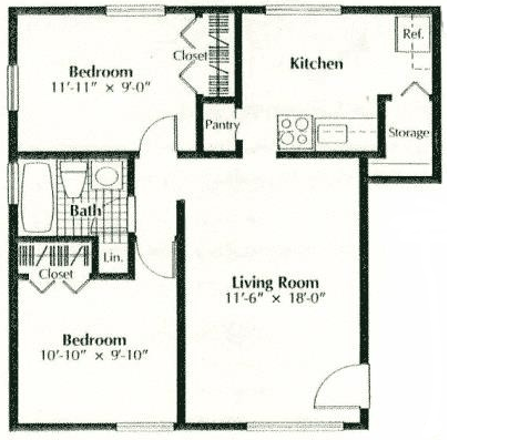 Floor plan for 2 beds, 1 bath, 700 sqft