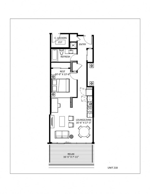 Floor plan for 1 bed, 1 bath, 658 sqft