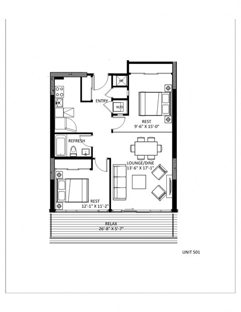 Floor plan for 2 beds, 1 bath, 852 sqft