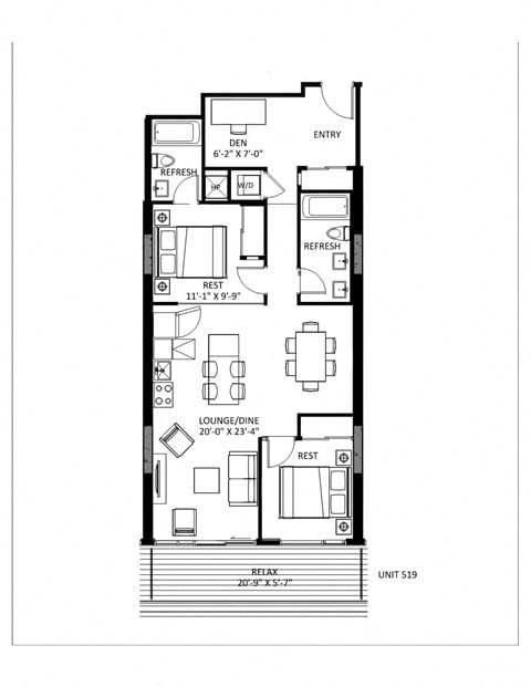 Floor plan for 2 beds, 2 baths, 944 sqft