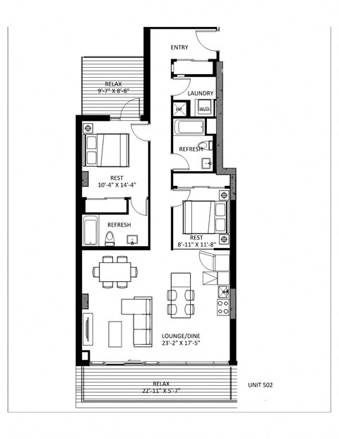 Floor plan for 2 beds, 2 baths, 1115 sqft