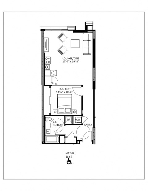 Floor plan for 1 bed, 1 bath, 639 sqft