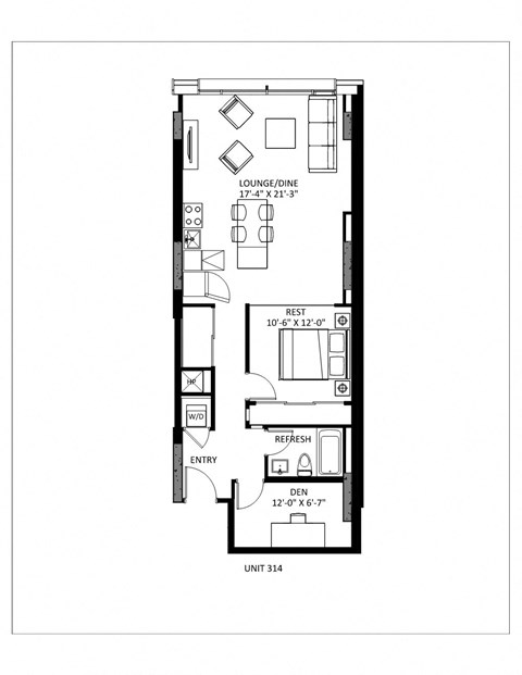 Floor plan for 1 bed, 1 bath, 864 sqft