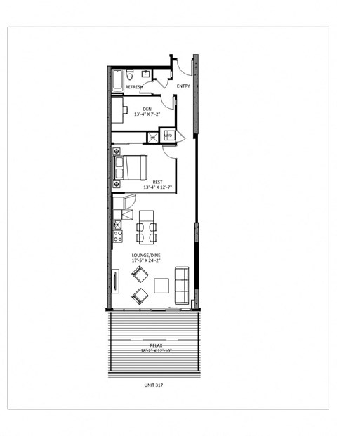 Floor plan for 1 bed, 1 bath, 961 sqft