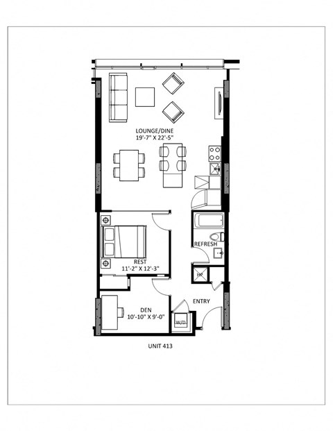 Floor plan for 1 bed, 1 bath, 887 sqft