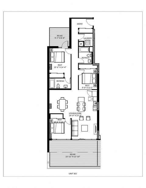Floor plan for 3 beds, 2 baths, 1276 sqft