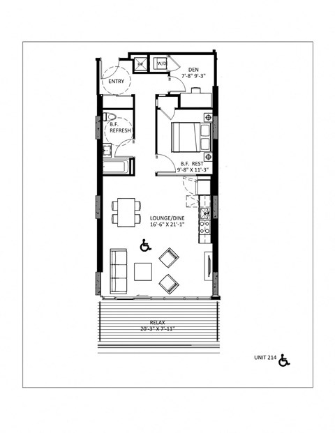 Floor plan for 1 bed, 1 bath, 879 sqft