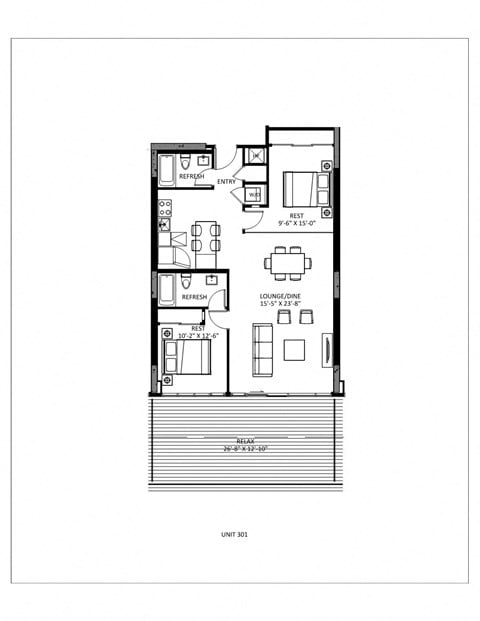 Floor plan for 2 beds, 2 baths, 1028 sqft