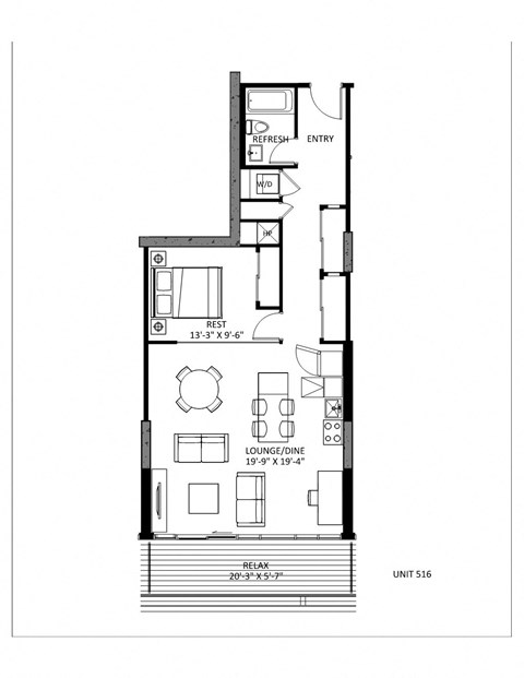 Floor plan for 1 bed, 1 bath, 815 sqft
