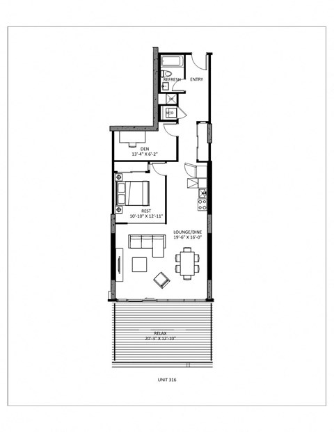 Floor plan for 1 bed, 1 bath, 949 sqft