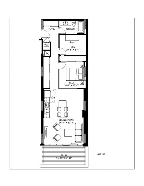 Floor plan for 1 bed, 1 bath, 960 sqft