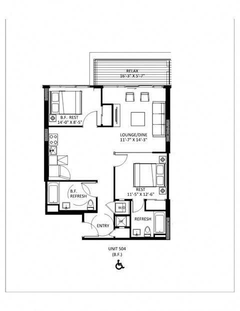 Floor plan for 2 beds, 2 baths, 876 sqft