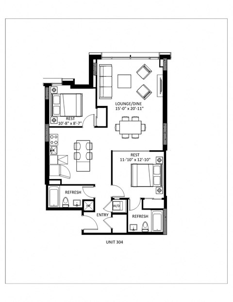 Floor plan for 2 beds, 2 baths, 993 sqft
