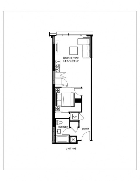 Floor plan for 1 bed, 1 bath, 590 sqft