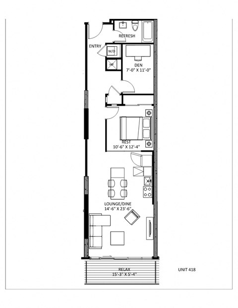 Floor plan for 1 bed, 1 bath, 729 sqft