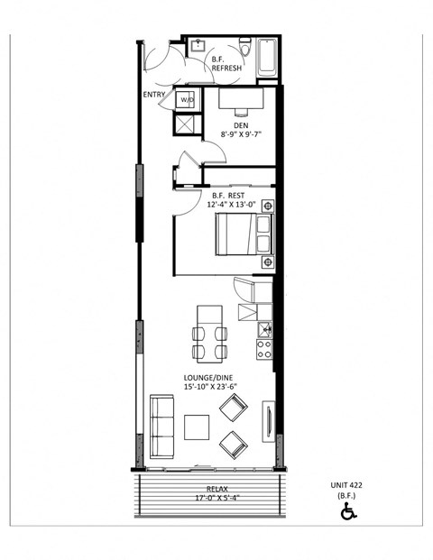 Floor plan for 1 bed, 1 bath, 830 sqft