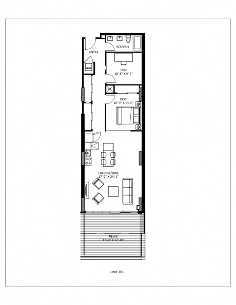 Floor plan for 1 bed, 1 bath, 998 sqft