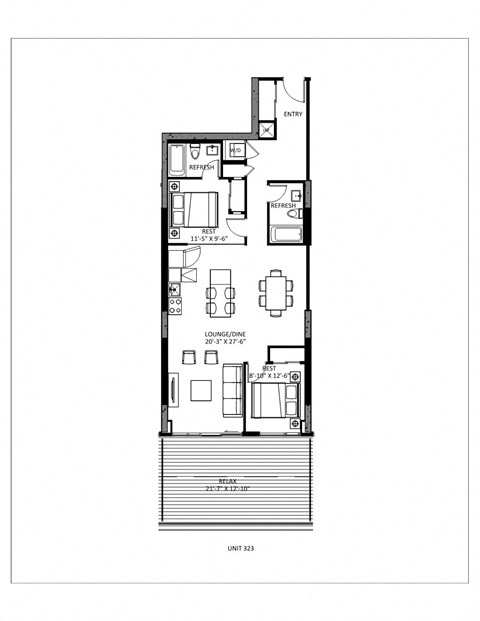 Floor plan for 1 bed, 2 baths, 1017 sqft