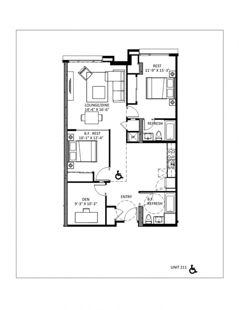 Floor plan for 2 beds, 2 baths, 1124 sqft