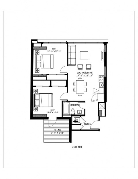 Floor plan for 2 beds, 1 bath, 903 sqft