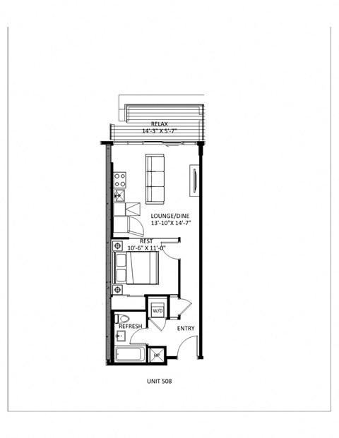 Floor plan for 1 bed, 1 bath, 498 sqft