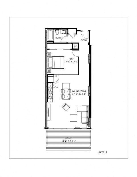 Floor plan for 1 bed, 1 bath, 788 sqft