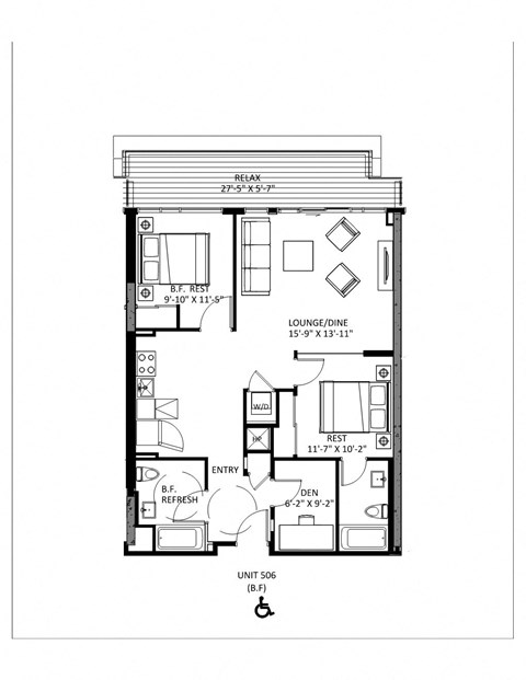 Floor plan for 2 beds, 2 baths, 942 sqft