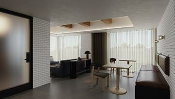 Toronto apartment for rent - A modern living room with a grey sofa, a wooden table and a black chair.